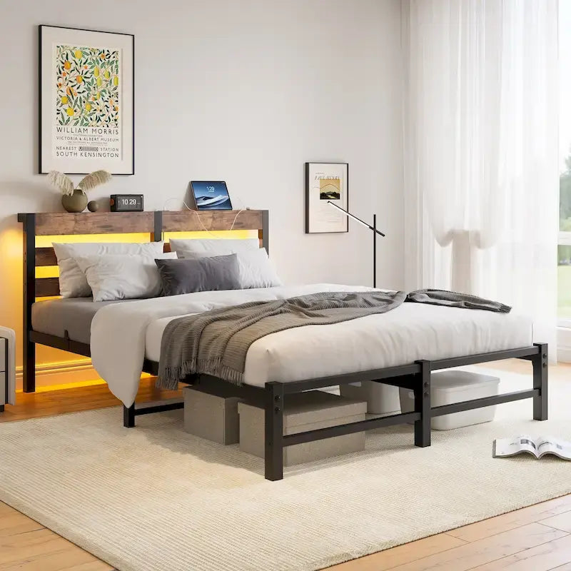 Queen Size Metal Bed Frame with Wooden Headboard, RGB Lights and Storage Shelf, Beige Brown