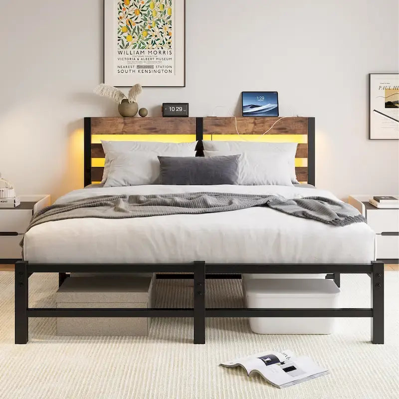 Queen Size Metal Bed Frame with Wooden Headboard, RGB Lights and Storage Shelf, Beige Brown