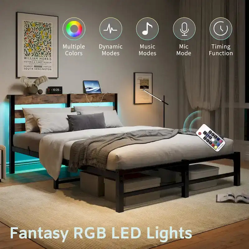 Queen Size Metal Bed Frame with Wooden Headboard, RGB Lights and Storage Shelf, Beige Brown