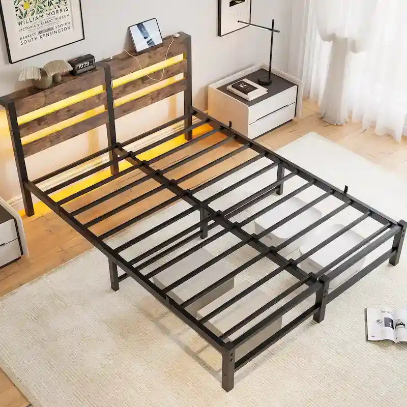 Queen Size Metal Bed Frame with Wooden Headboard, RGB Lights and Storage Shelf, Beige Brown