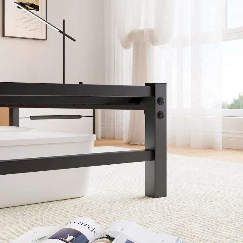 Queen Size Metal Bed Frame with Wooden Headboard, RGB Lights and Storage Shelf, Beige Brown