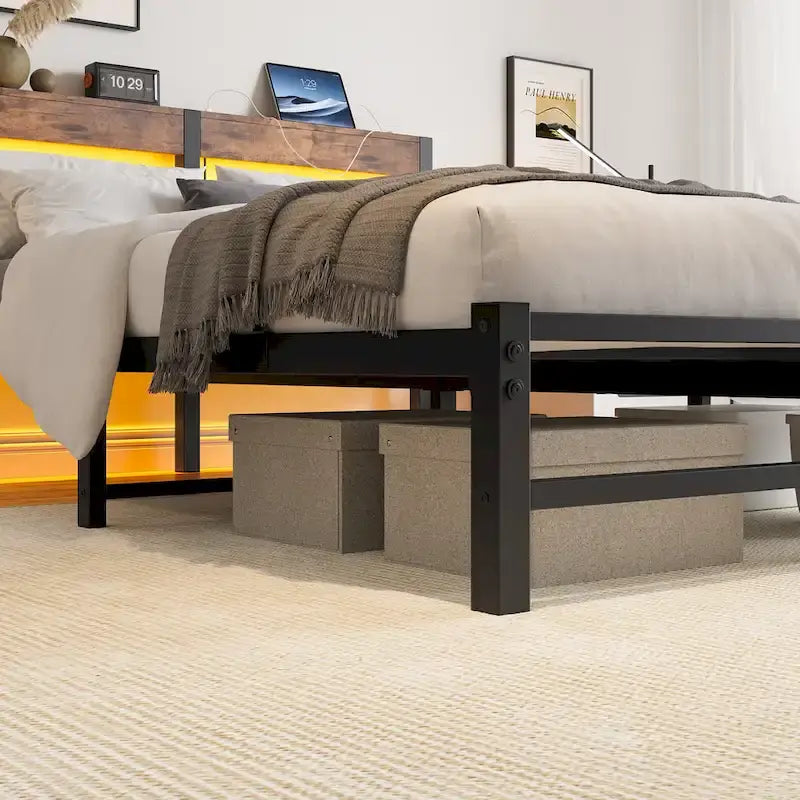 Queen Size Metal Bed Frame with Wooden Headboard, RGB Lights and Storage Shelf, Beige Brown