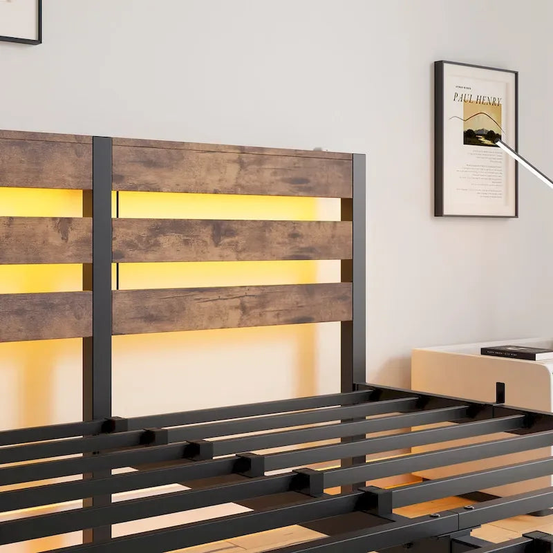 Queen Size Metal Bed Frame with Wooden Headboard, RGB Lights and Storage Shelf, Beige Brown