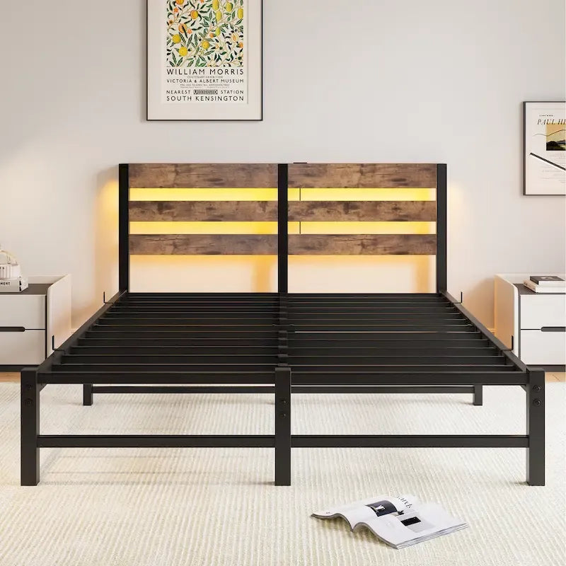 Queen Size Metal Bed Frame with Wooden Headboard, RGB Lights and Storage Shelf, Beige Brown