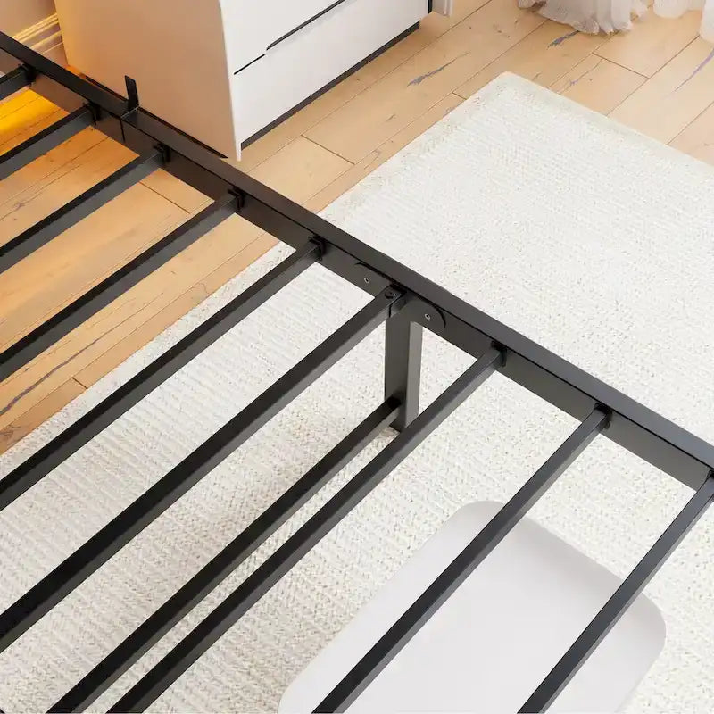 Queen Size Metal Bed Frame with Wooden Headboard, RGB Lights and Storage Shelf, Beige Brown