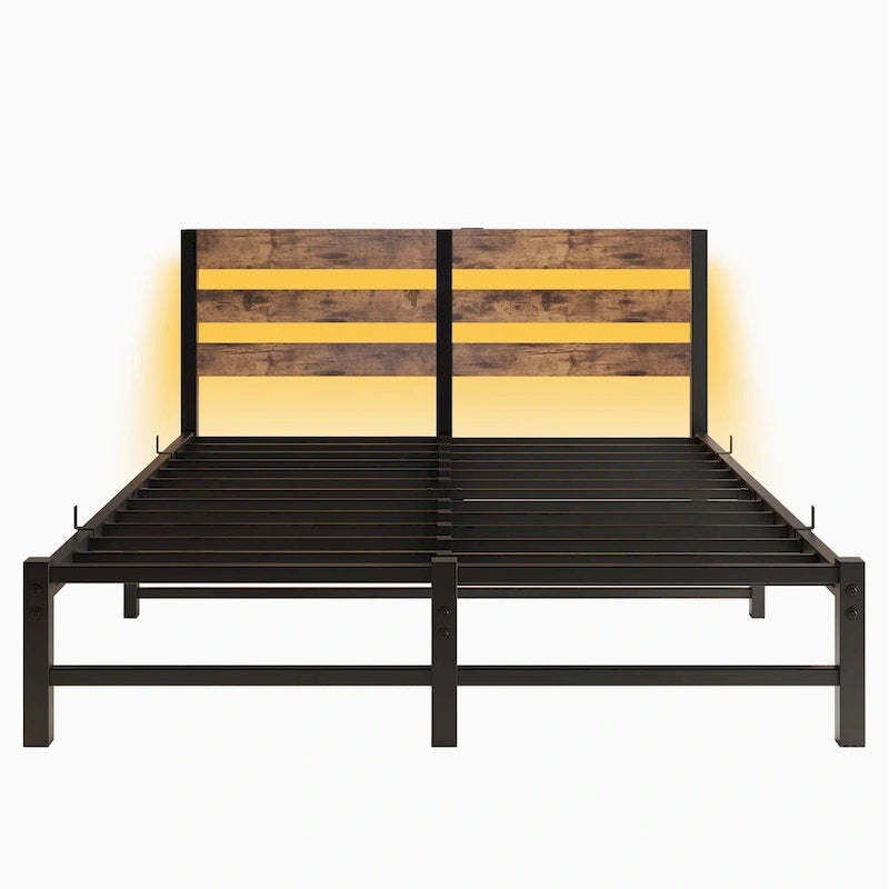 Queen Size Metal Bed Frame with Wooden Headboard, RGB Lights and Storage Shelf, Beige Brown
