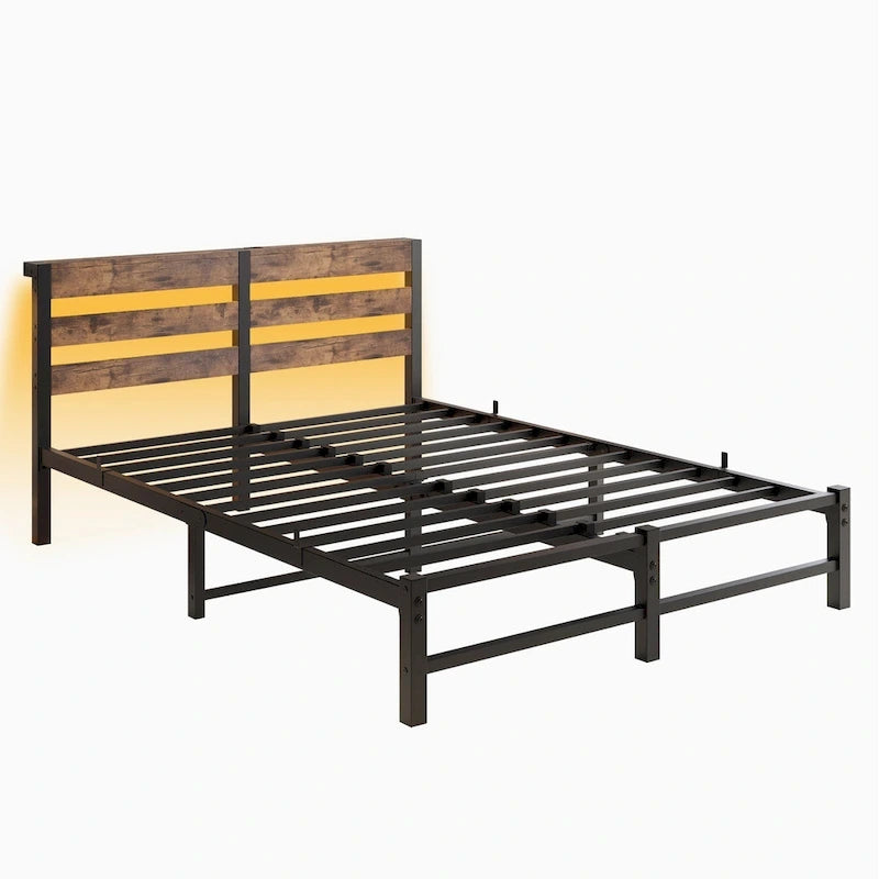 Queen Size Metal Bed Frame with Wooden Headboard, RGB Lights and Storage Shelf, Beige Brown
