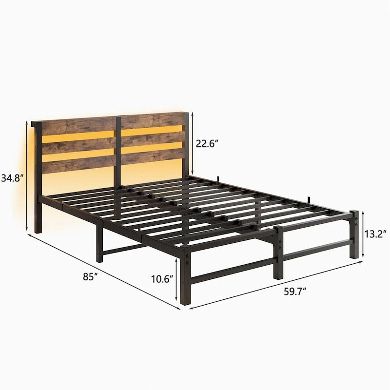 Queen Size Metal Bed Frame with Wooden Headboard, RGB Lights and Storage Shelf, Beige Brown