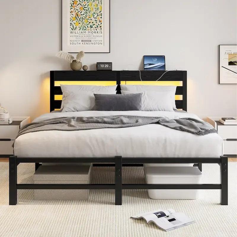 Queen Size Metal Platform Bed Frame with LED Headboard and USB Ports, Black