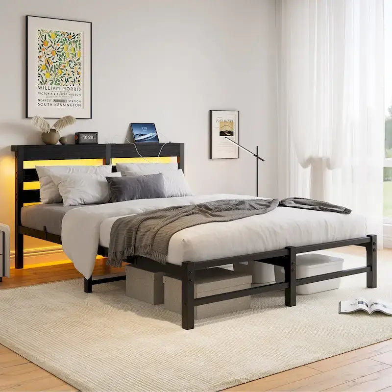 Queen Size Metal Platform Bed Frame with LED Headboard and USB Ports, Black