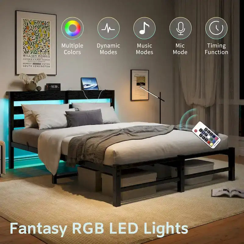 Queen Size Metal Platform Bed Frame with LED Headboard and USB Ports, Black
