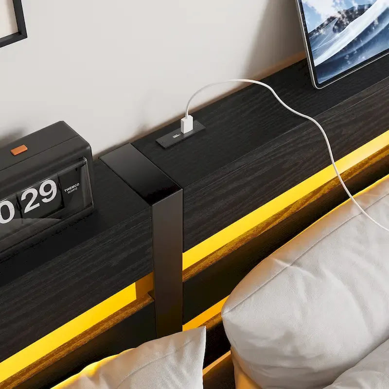 Queen Size Metal Platform Bed Frame with LED Headboard and USB Ports, Black