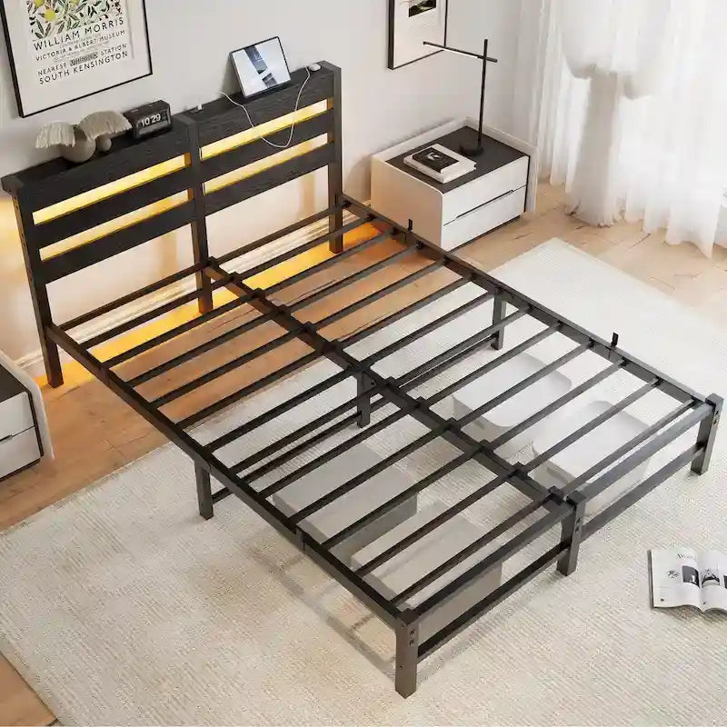 Queen Size Metal Platform Bed Frame with LED Headboard and USB Ports, Black