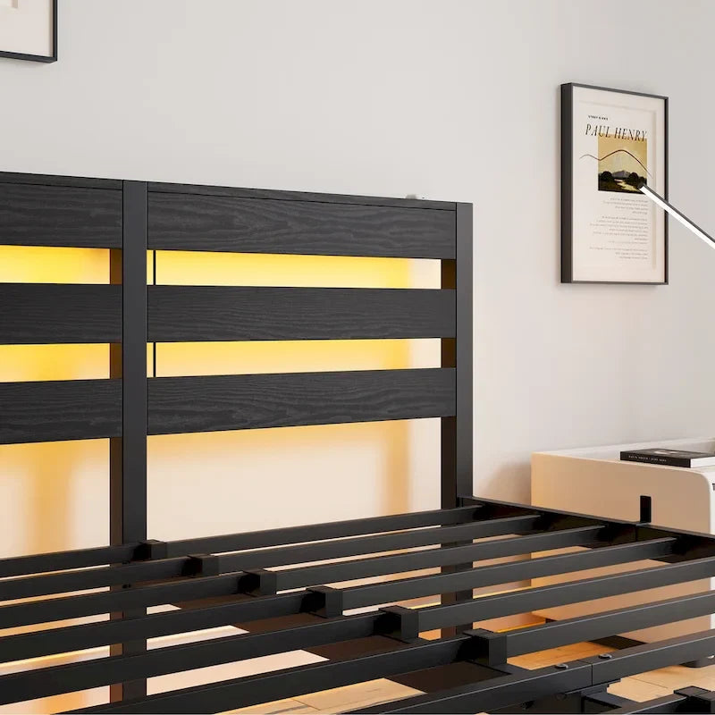 Queen Size Metal Platform Bed Frame with LED Headboard and USB Ports, Black