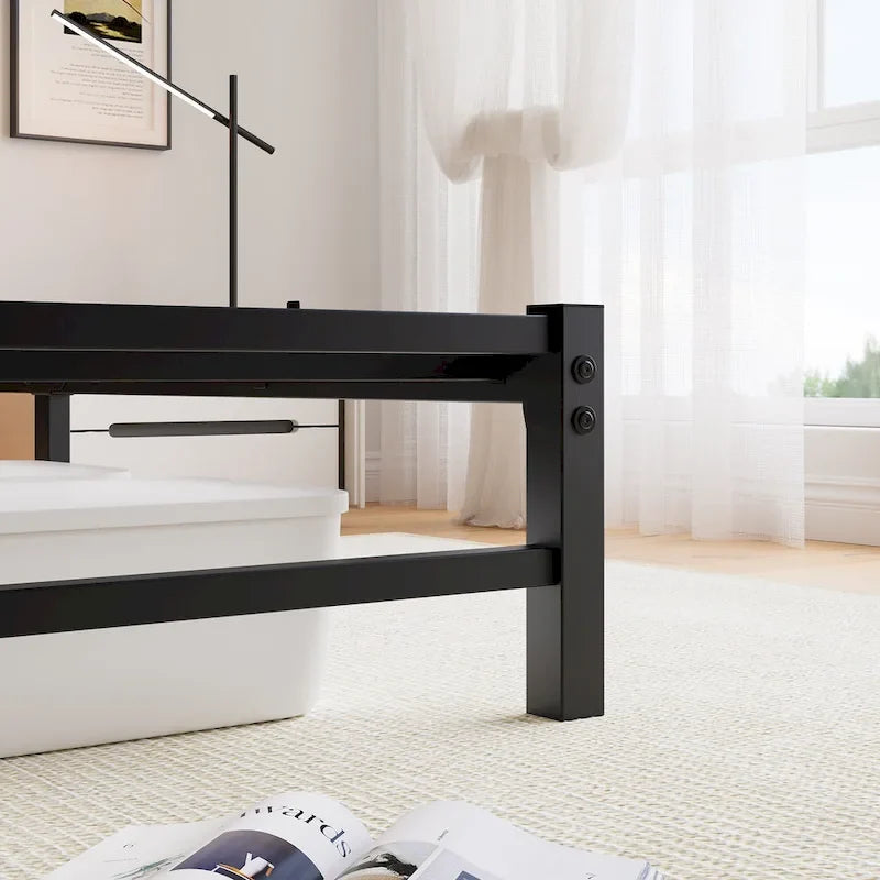 Queen Size Metal Platform Bed Frame with LED Headboard and USB Ports, Black