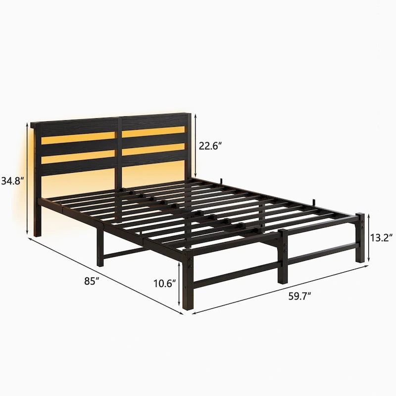 Queen Size Metal Platform Bed Frame with LED Headboard and USB Ports, Black