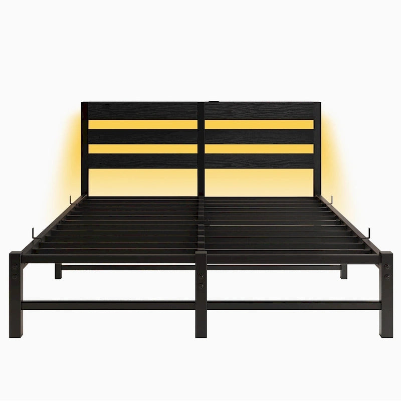 Queen Size Metal Platform Bed Frame with LED Headboard and USB Ports, Black
