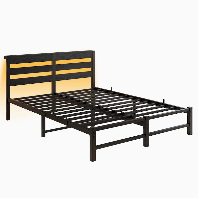 Queen Size Metal Platform Bed Frame with LED Headboard and USB Ports, Black