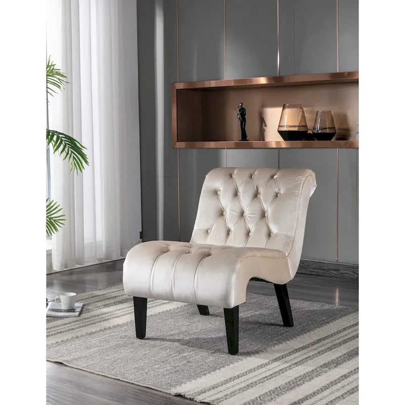 Beige Button-Tufted Velvet Accent Chair with Black Wood Legs