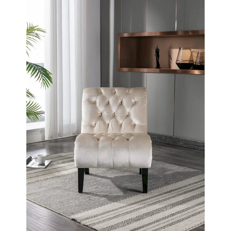 Beige Button-Tufted Velvet Accent Chair with Black Wood Legs