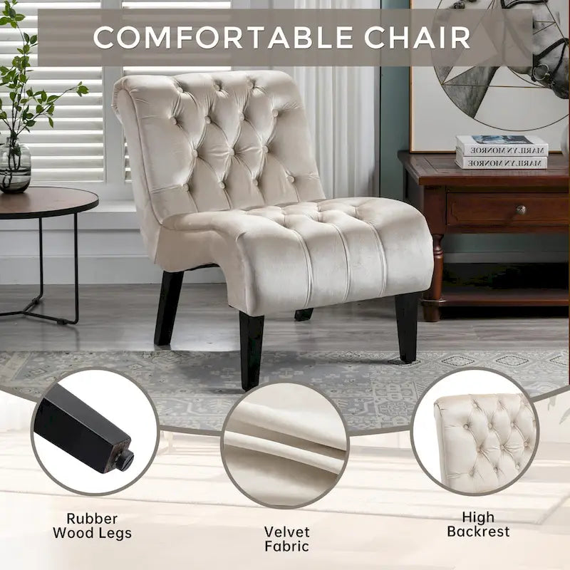 Beige Button-Tufted Velvet Accent Chair with Black Wood Legs