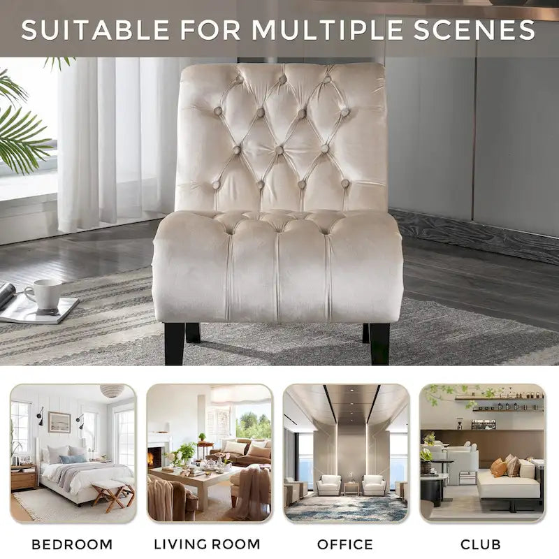 Beige Button-Tufted Velvet Accent Chair with Black Wood Legs