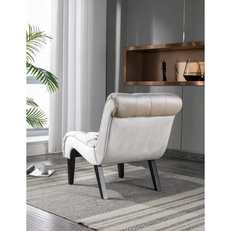 Beige Button-Tufted Velvet Accent Chair with Black Wood Legs