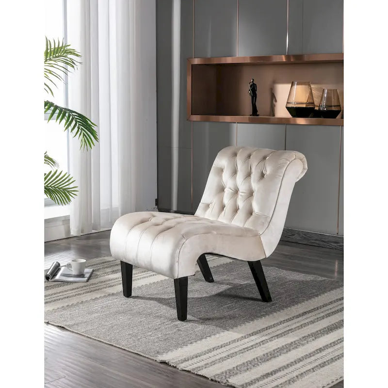 Beige Button-Tufted Velvet Accent Chair with Black Wood Legs