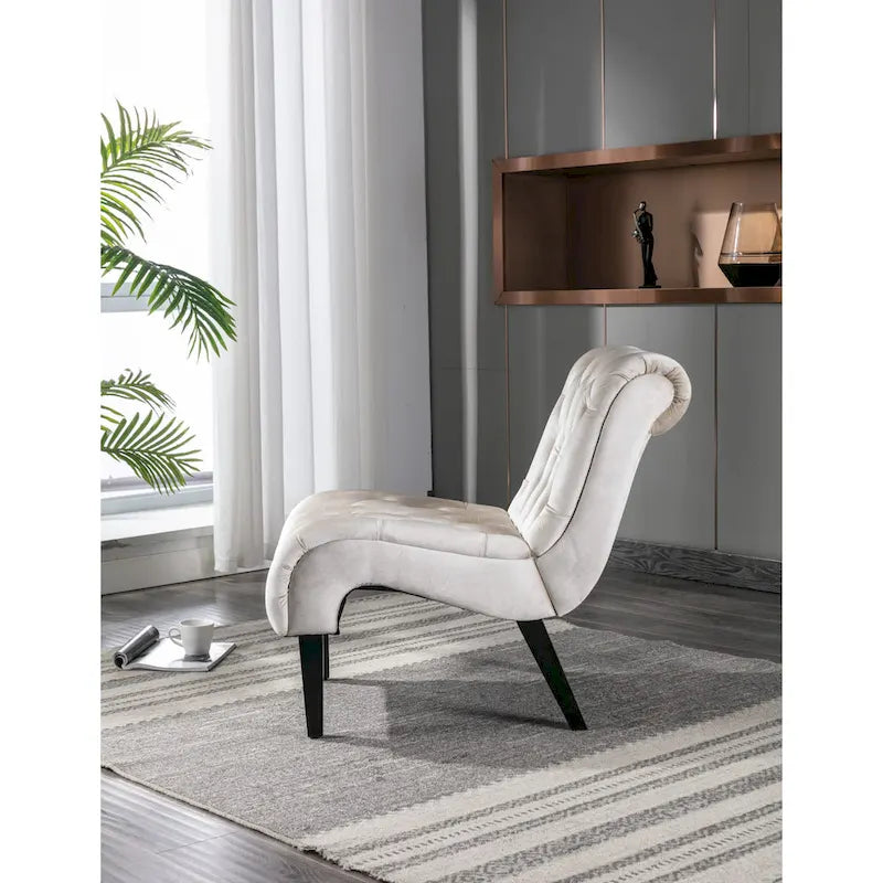 Beige Button-Tufted Velvet Accent Chair with Black Wood Legs