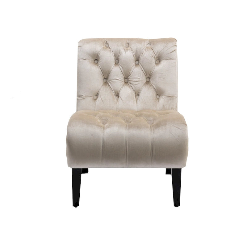 Beige Button-Tufted Velvet Accent Chair with Black Wood Legs