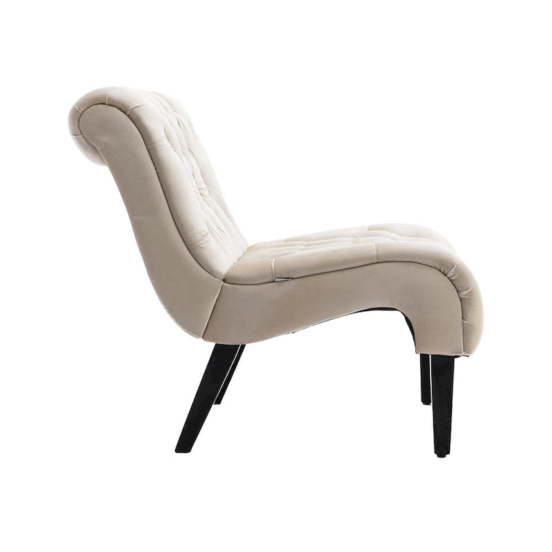 Beige Button-Tufted Velvet Accent Chair with Black Wood Legs