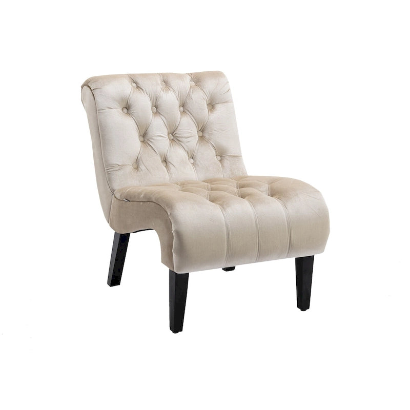 Beige Button-Tufted Velvet Accent Chair with Black Wood Legs