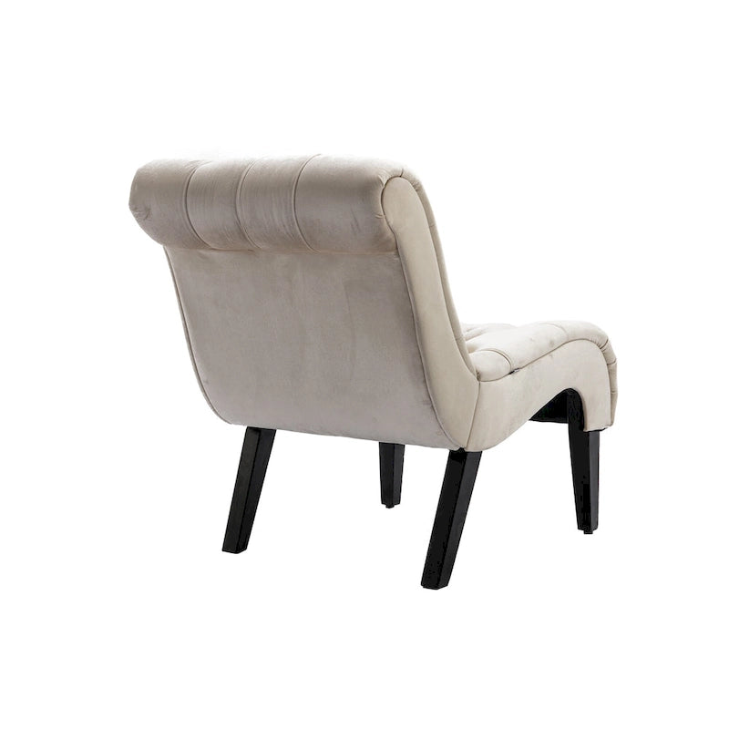 Beige Button-Tufted Velvet Accent Chair with Black Wood Legs