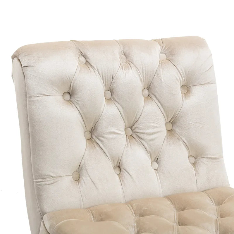 Beige Button-Tufted Velvet Accent Chair with Black Wood Legs