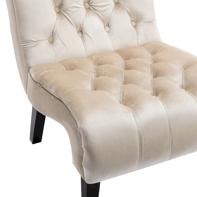 Beige Button-Tufted Velvet Accent Chair with Black Wood Legs