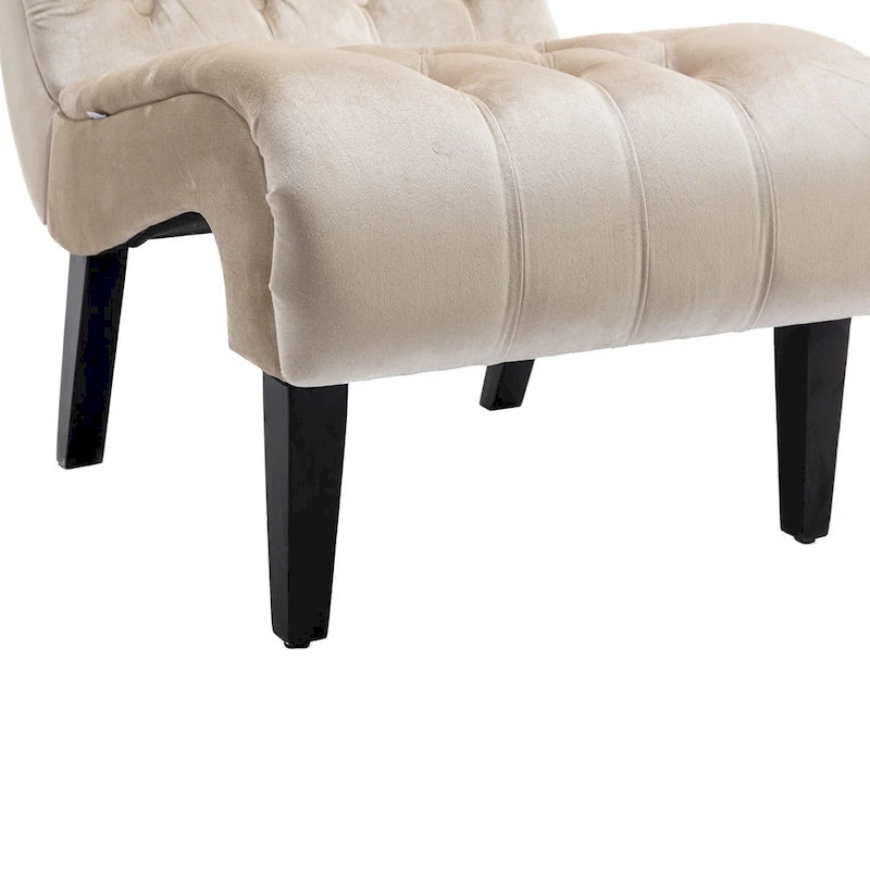 Beige Button-Tufted Velvet Accent Chair with Black Wood Legs