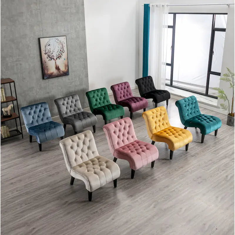 Beige Button-Tufted Velvet Accent Chair with Black Wood Legs