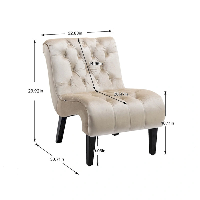 Beige Button-Tufted Velvet Accent Chair with Black Wood Legs
