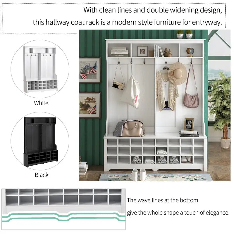 White Entryway Hall Tree Coat Rack with Bench Storage Cubbies and Hooks