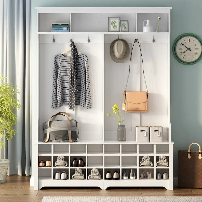 White Entryway Hall Tree Coat Rack with Bench Storage Cubbies and Hooks