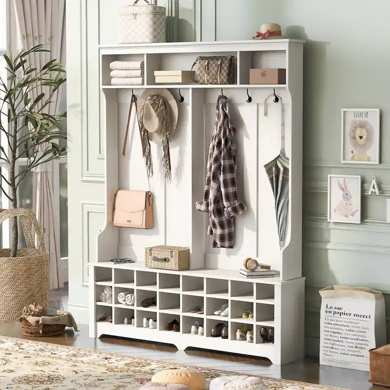 White Entryway Hall Tree Coat Rack with Bench Storage Cubbies and Hooks