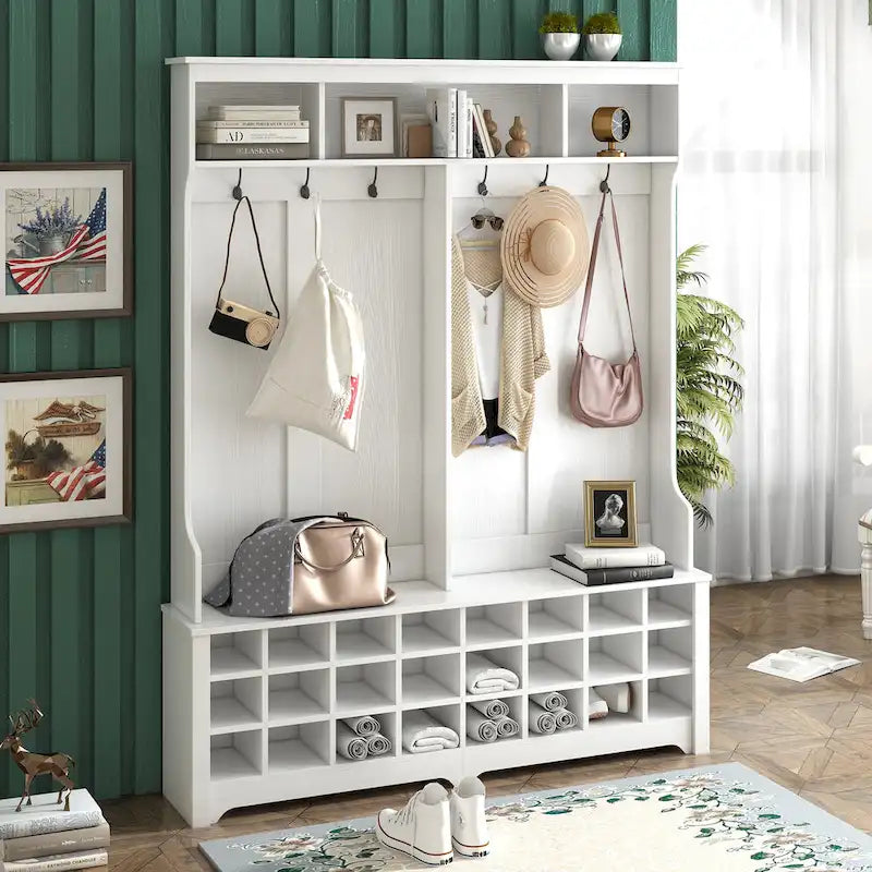 White Entryway Hall Tree Coat Rack with Bench Storage Cubbies and Hooks