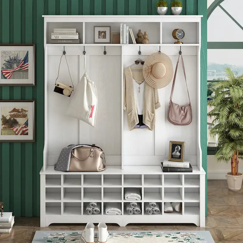 White Entryway Hall Tree Coat Rack with Bench Storage Cubbies and Hooks
