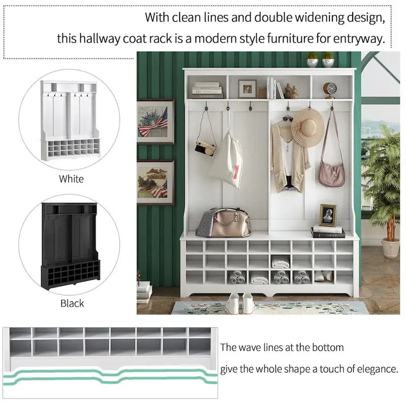 White Entryway Hall Tree Coat Rack with Bench Storage Cubbies and Hooks