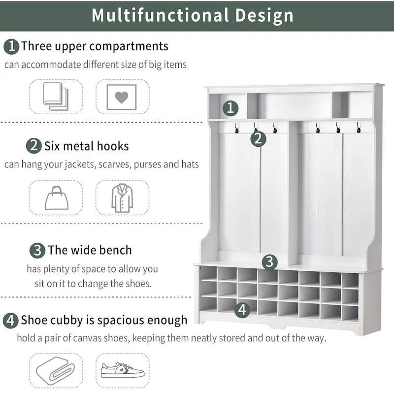 White Entryway Hall Tree Coat Rack with Bench Storage Cubbies and Hooks