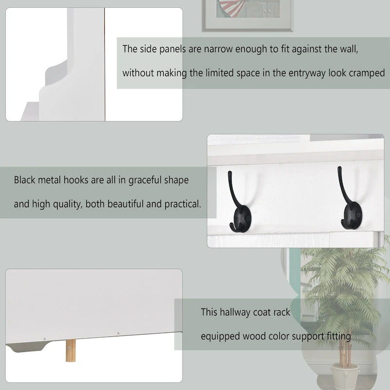 White Entryway Hall Tree Coat Rack with Bench Storage Cubbies and Hooks