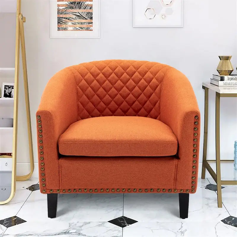 Quilted PU Leather Barrel Accent Chair with Nailhead Trim and Solid Wood Legs