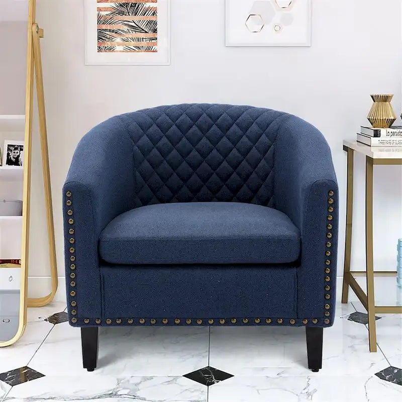 Quilted PU Leather Barrel Accent Chair with Nailhead Trim and Solid Wood Legs