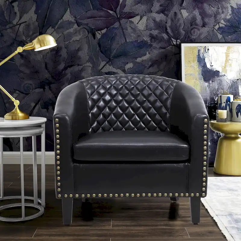 Quilted PU Leather Barrel Accent Chair with Nailhead Trim and Solid Wood Legs