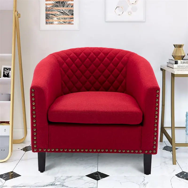 Quilted PU Leather Barrel Accent Chair with Nailhead Trim and Solid Wood Legs